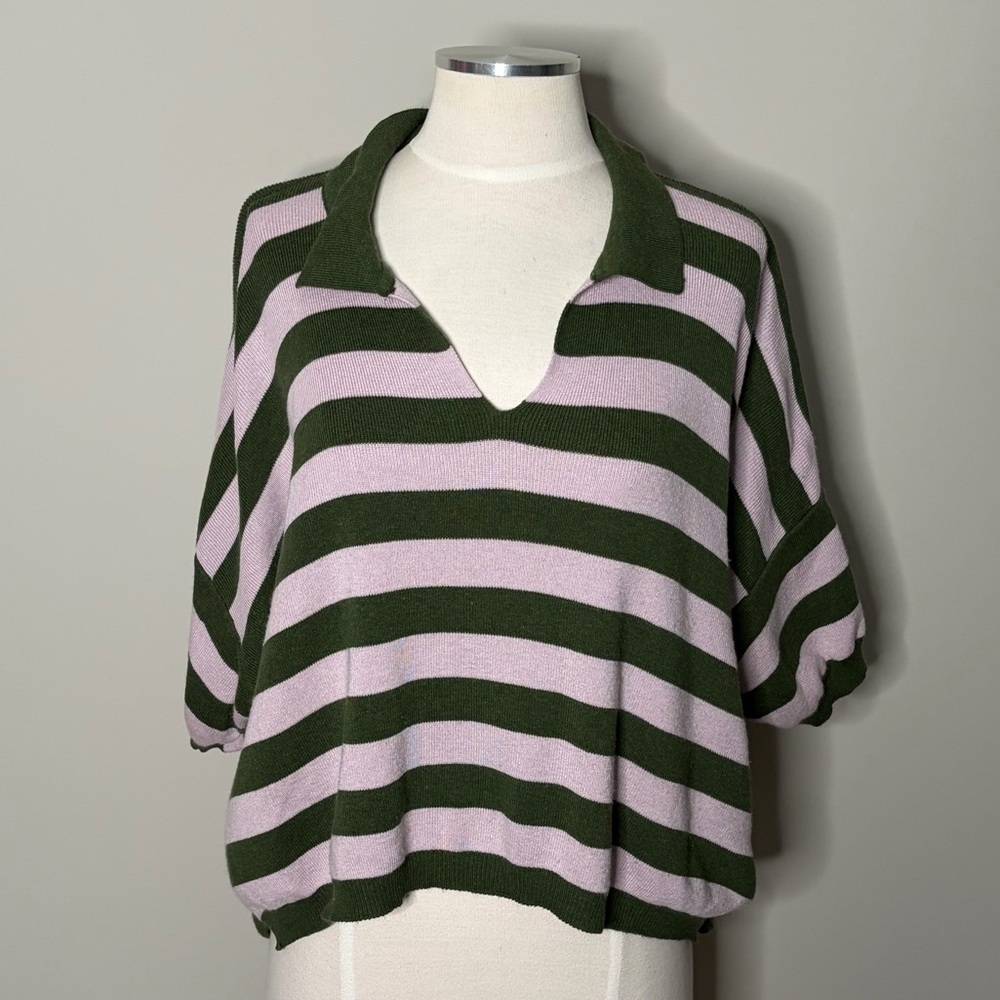 Voyageur by MerSea Green and Lilac/Pink Striped Collared Sweater, Medium